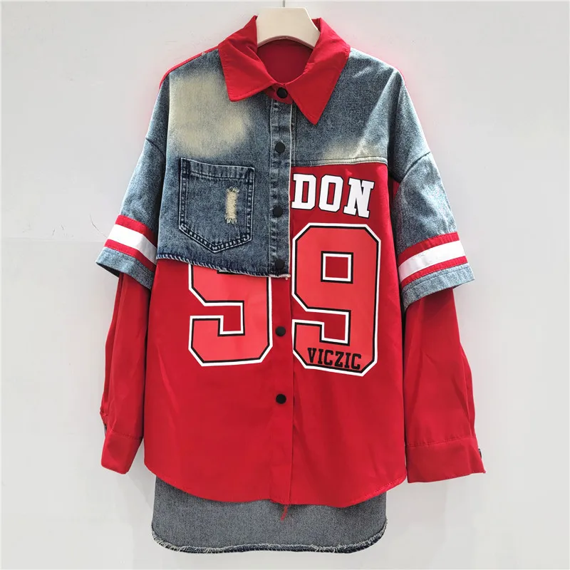 American Retro Denim Spliced Shirt Jacket Women 2025 Spring Autumn New Fashion Trend Print Loose Versatile Jacket Long Sleeve