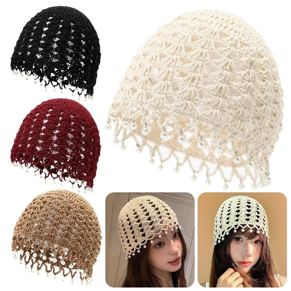 

Versatile Handmade Crochet Beanies Crocheted Pearl Pendant Ethnic Style Hat Hollow Design Pullover Knitted Hat