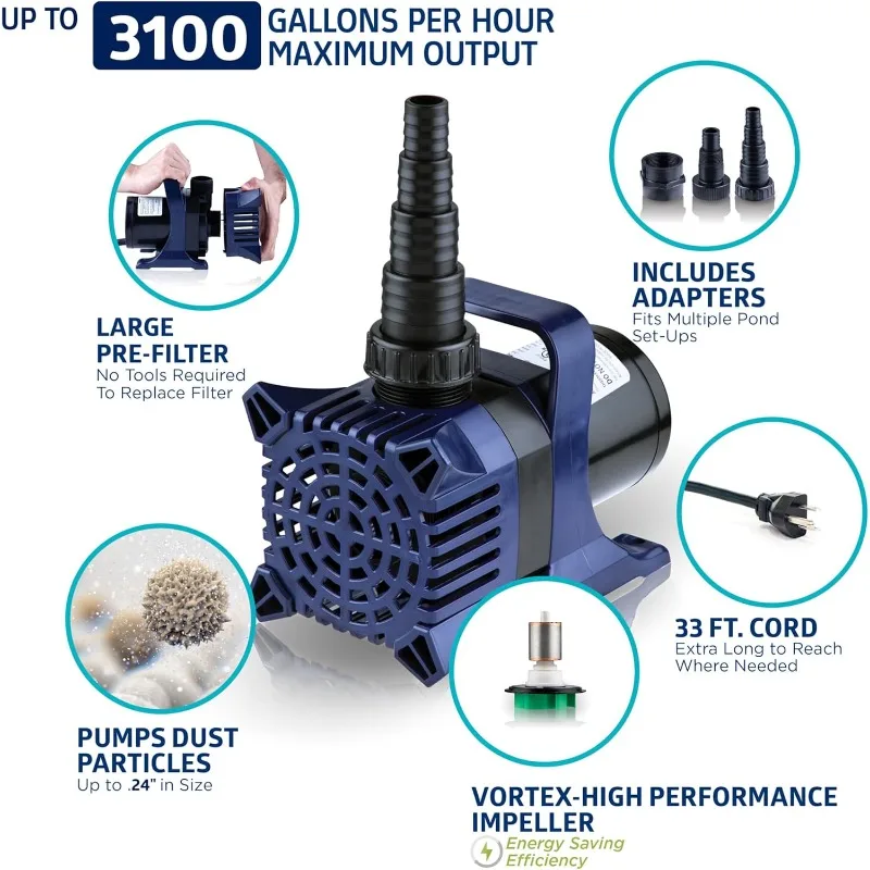 Submersible Water Pump with 33 FT Cord and Adapters for Ponds, Fountains, Waterfalls, and Water Circulation