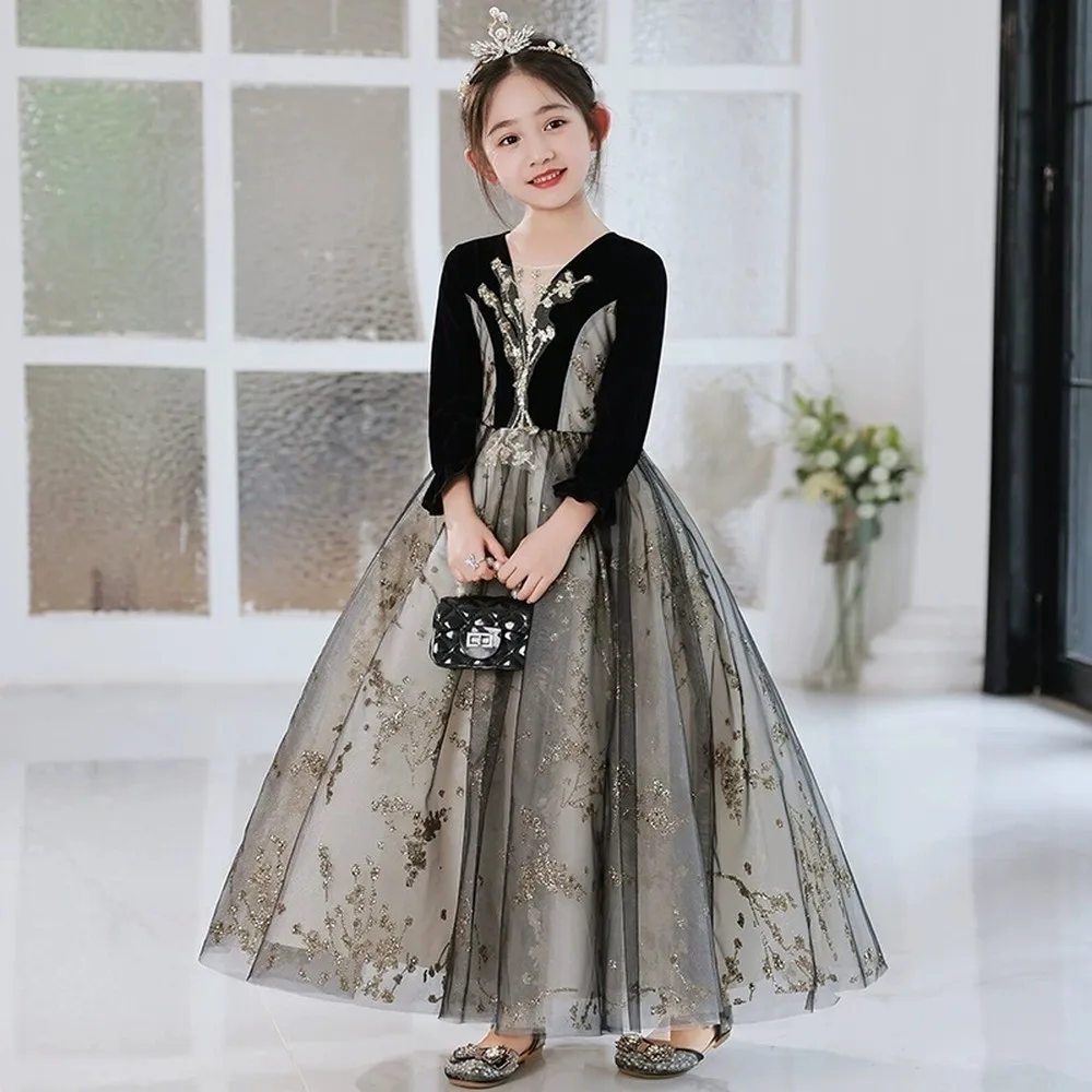 

New Princess Special Occasion Long Sleeve Flower Girl Dress Wedding Pary Prom Perform Birthday Baby Child Kid Ball Gown