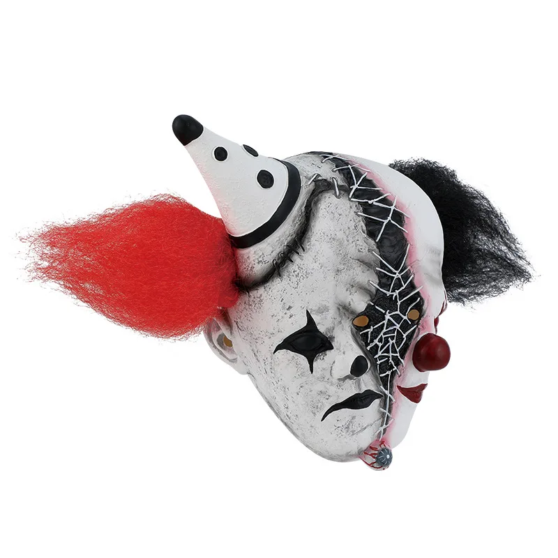 Halloween Scary Clown Mask, Stitched Face Latex Headgear with Polka‑dot Hat & Red‑Black Wig for Haunted House Cosplay Props