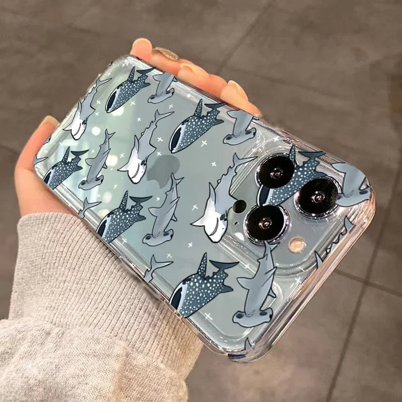 Summer Ocean Animals Shark Dolphin Fish Transparent Phone Case For iPhone 16 Pro Max 15 14 Plus 13 12 11 Shockproof Bumper Cover
