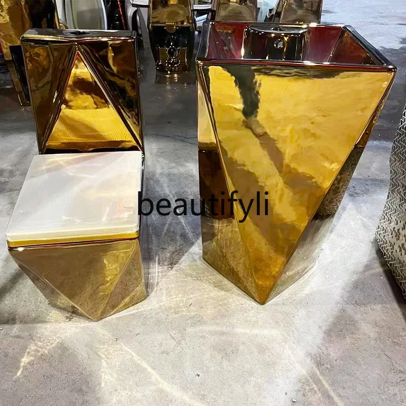 

32European style golden toilet column type wash basin light luxury toilet column basin wash basin