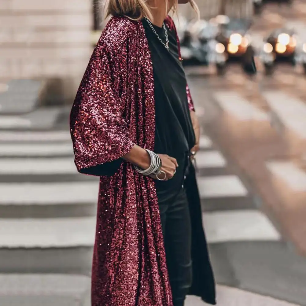 Cardigan cappotto donna paillettes lucide giacca a mantella di media lunghezza Streetwear Cardigan cappotto manica 3/4 punto aperto vestibilità ampia