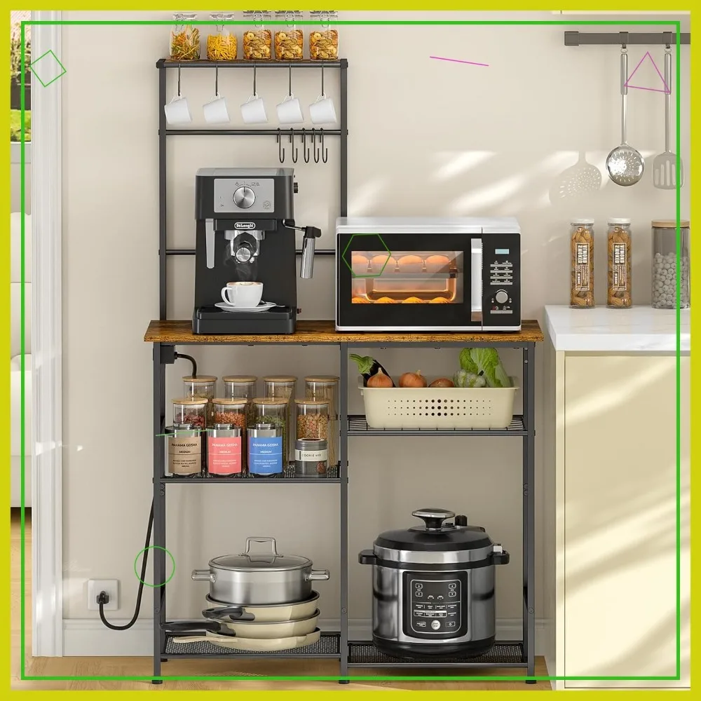 

6-Tier Kitchen Storage Rack with Power Outlet, Microwave Stand & 10 S-Hooks for Spices, Pots in Rustic Brown