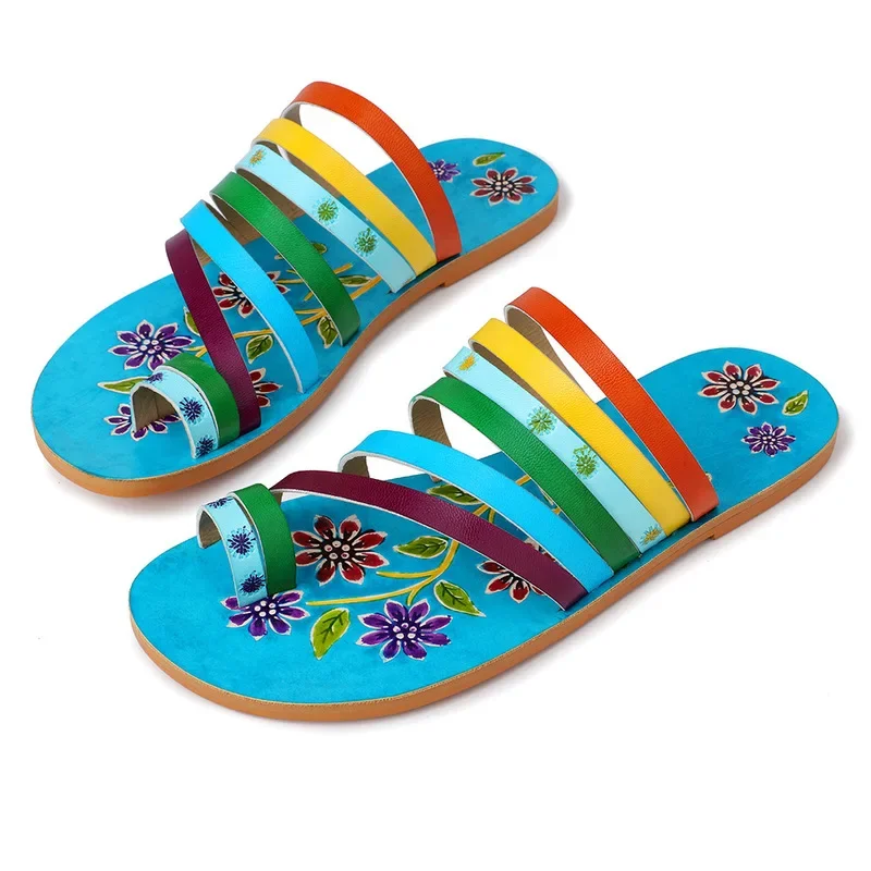 Bohemian Vintage Style Slippers Summer Women GENUINE Leather Flip Flops Shoes Woman Clip Toes Slides Slippers Beach Shoes 2023