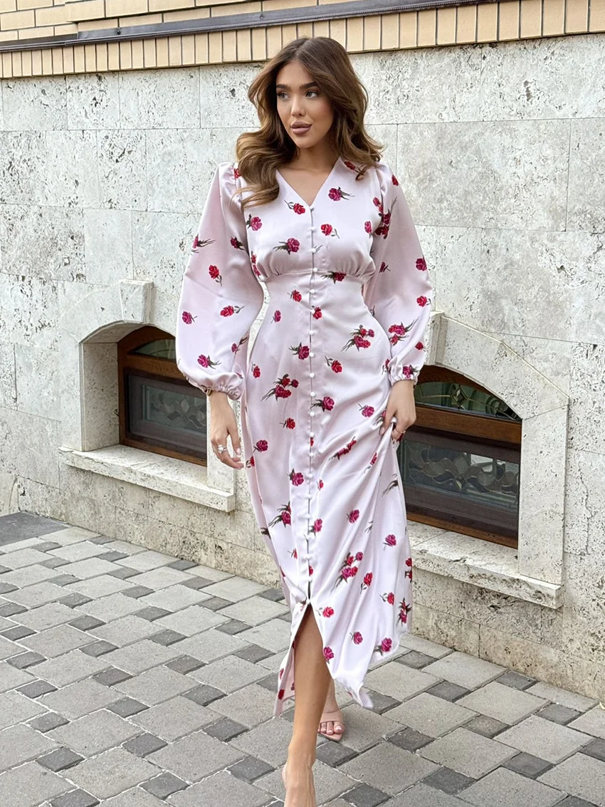 

Marthaqiqi Printing Ladies Nightgowns Sexy V-Neck Nightwear Long Sleeve Pajamas Mid-Calf Dress Winter Fashion Female Sleepwear