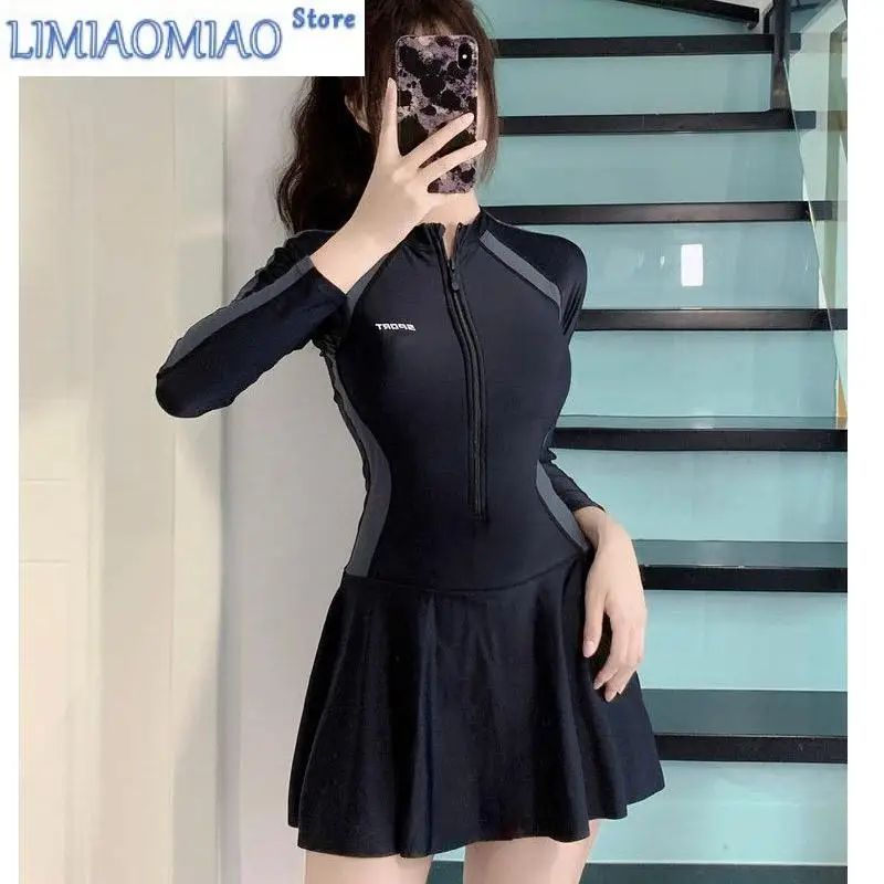 

Цельный купальник с длинным рукавом на молнии и юбкой, консервативный тонкий слегка толстый сексуальный черный эксклюзивный купальник для бассейна