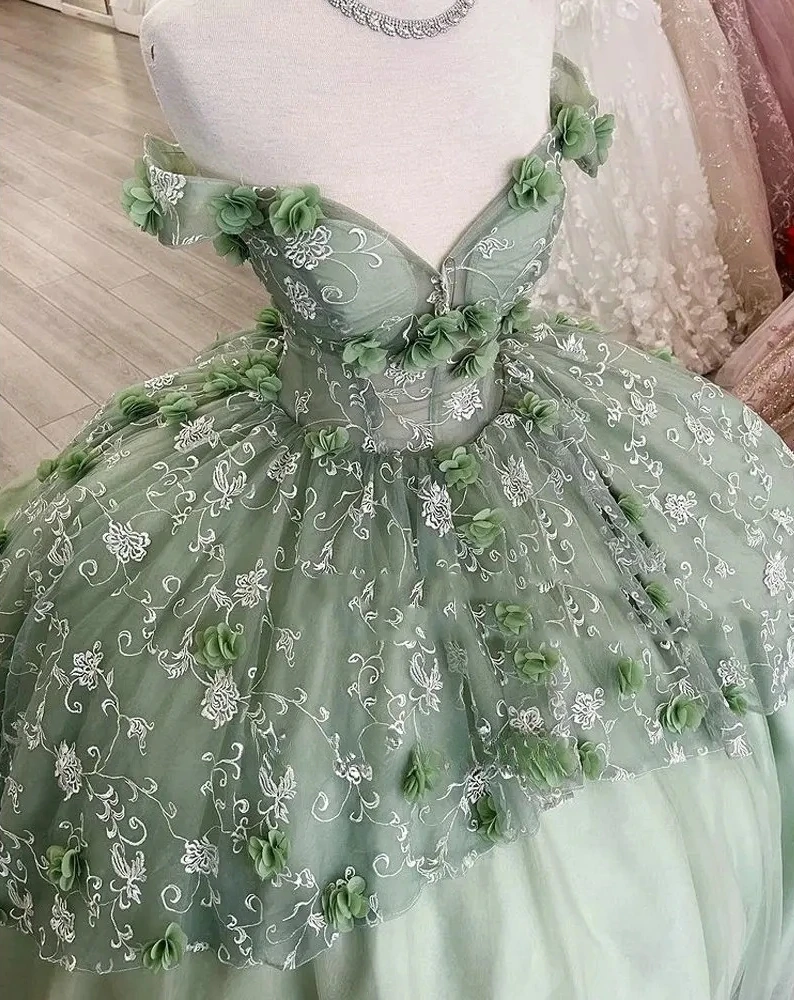 Vestidos de quinceañera Verde menta, vestido de baile sin hombros, tul Floral mexicano dulce 16, 15 años