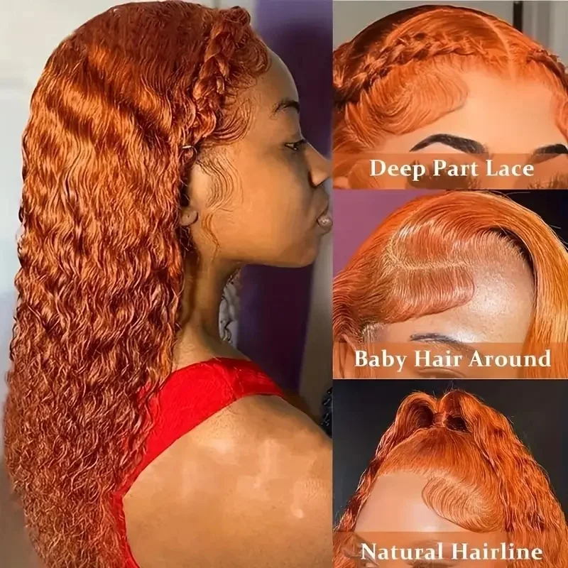 Peluca de cabello humano de onda profunda naranja jengibre, encaje frontal de encaje transparente HD 13x4, densidad de 200, prearrancado con cabello de bebé, encaje prearrancado