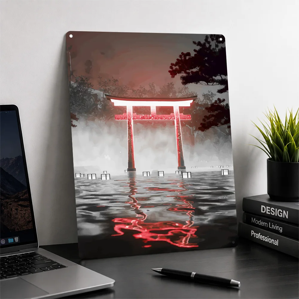 Red Torii Gate in Water Poster Scenic Wall Art Customized Retro Metal Tin Sign for Living Room Bedroom Cafe Home Decor Display