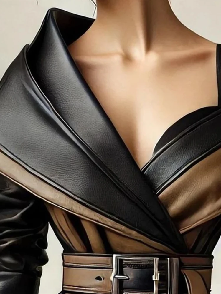 سترة من الجلد الصناعي PU للنساء بكتف واحد وحاشية غير منتظمة وأكمام طويلة معطف جلدي كاجوال عتيق وحزام سترة أنيق