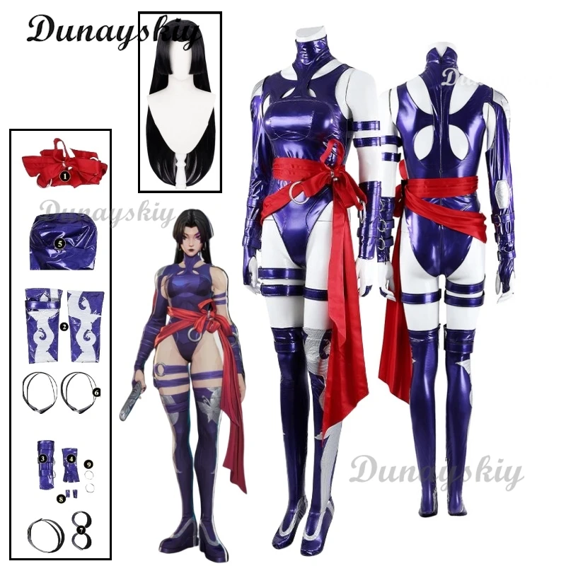 

Game Rivals Psylocke Cosplay Sexy Purple Costume Wig Character Anime Jumpsuit for Women Uniform Halloween Party Jumpsuit Suit