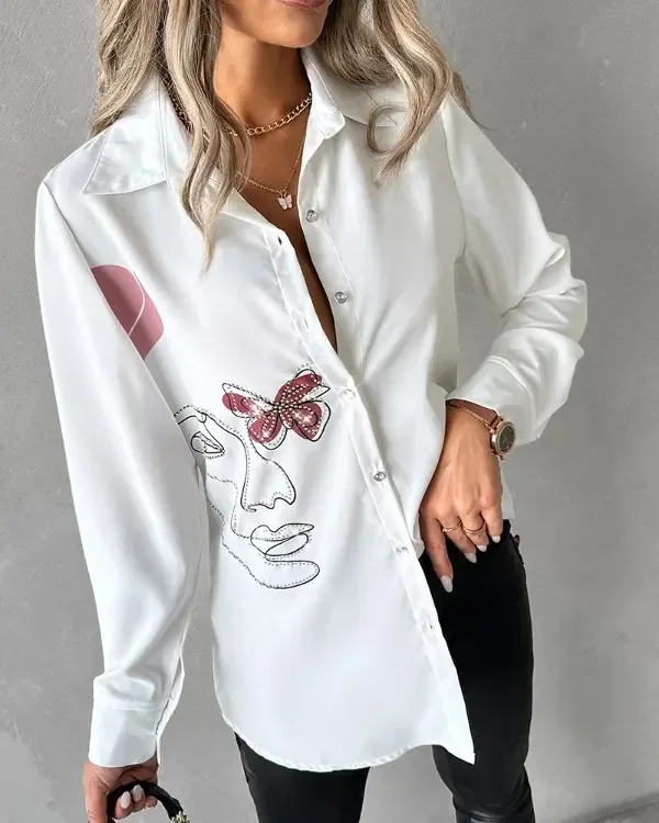 Women's Fashion Hot Diamond Abstract Printed Single Breasted Shirt Spring Casual Long Sleeved Lapel Daily Simple Blouse