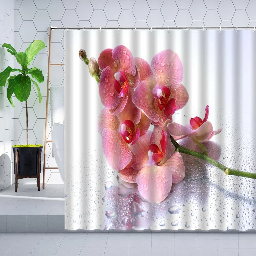 Pink Orchid Phalaenopsis Flowers Shower Curtain Florals Plants Elegant Art Decor Bathroom Bathtub Screen Polyester Curtains Sets