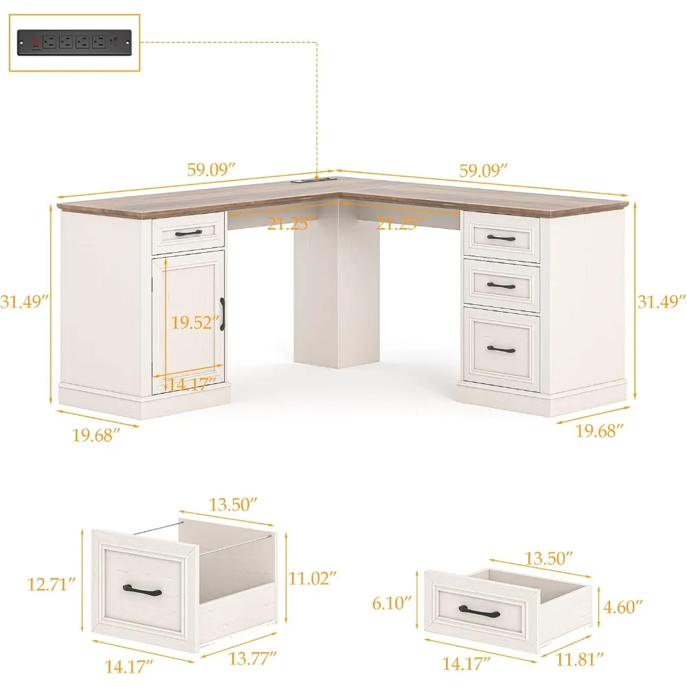 مكتب الزاوية التنفيذي للمكتب المنزلي: مكتب خشبي على شكل حرف L مع محطة شحن وأدراج وخزانة تخزين #2
