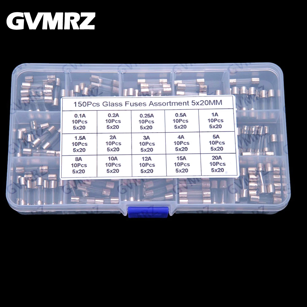 15Values ​​150PCS 5x20mm Glass Fuse Sets: 0.1A 0.2A 0.25A 0.5A 1A 1.5A 2A 3A 4A 5A 8A 10A 12A 15A 20A