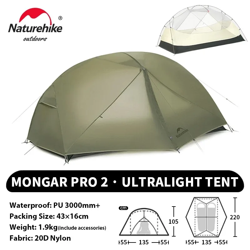 Naturehike Mongar Pro 1 2 3-persoons tent ultralicht waterdicht backpacktent kampeer- en wandeltent outdoor draagbare 20D nylon beschuttingstent met luifel