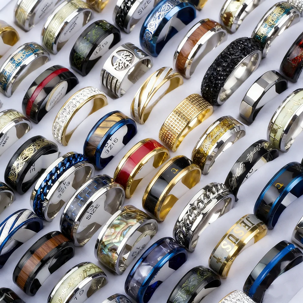 Juego de anillos clásicos de acero inoxidable para hombre y mujer, 10/20/30/50/100 piezas, estilo mixto, joyería duradera a la moda, regalos para fiestas
