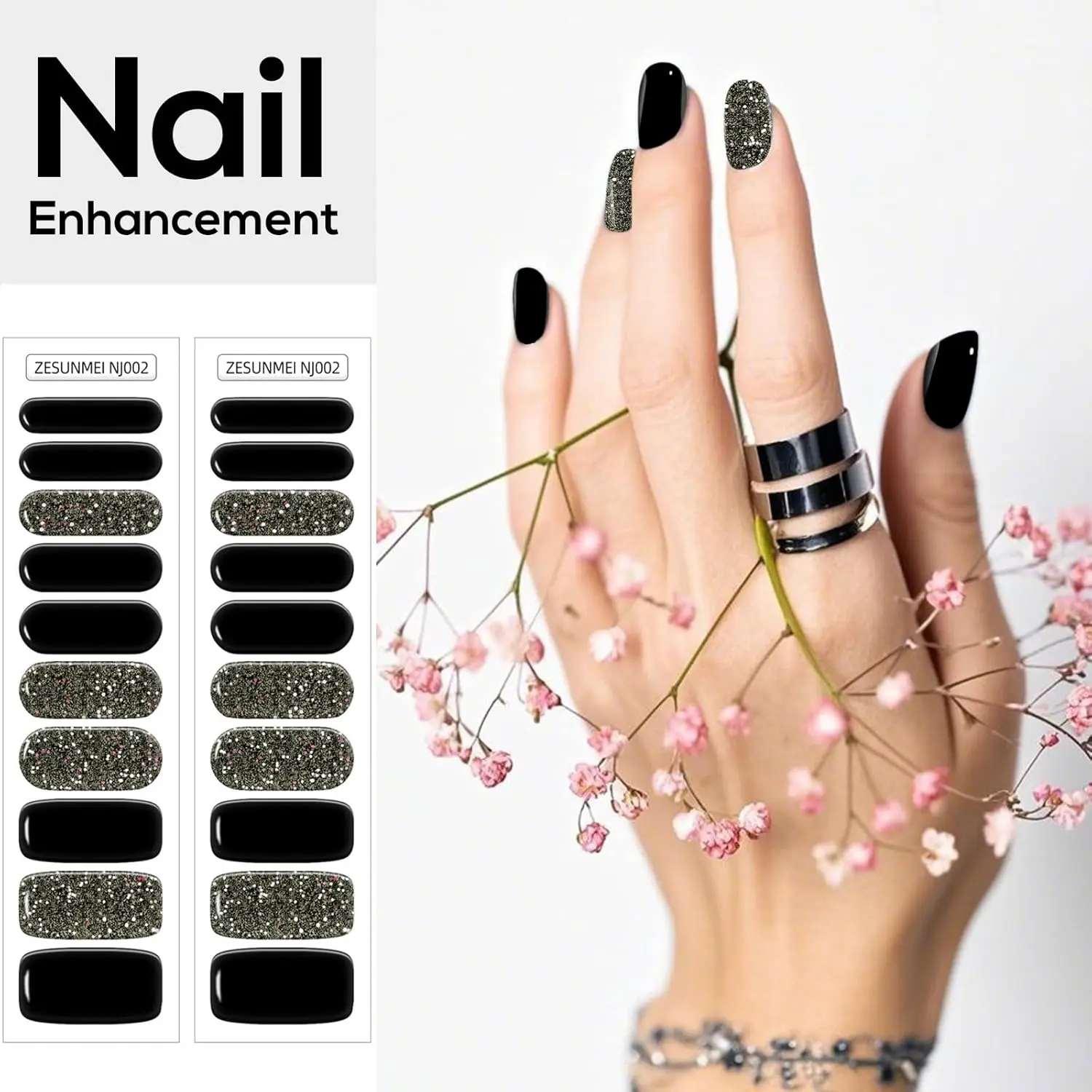 Semi Cured Gel Nail Strips 20PCS, UV/LED Required, Long Lasting DIY Manicure Kit, Salon Quality, Trendy Black Designs