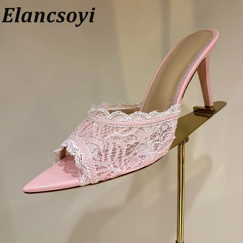 slippers Women's lace solid color sexy slim fit fairy high-heeled sandals summer new pointed fashion party slim heel slippers