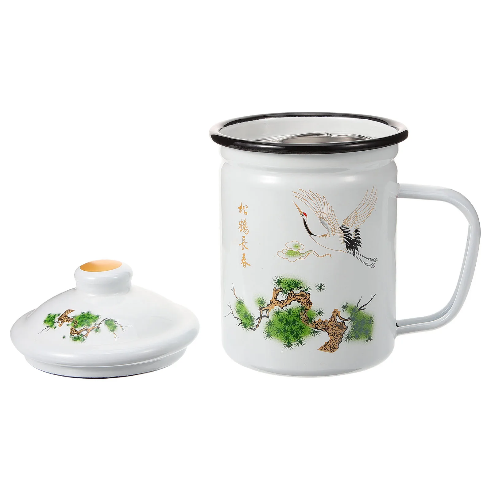 

Enamel Tea Mug With Strainer Vintage Crane Pattern Heat Resistant Drinking Cup For Home Office Coffee Shop Use Retro