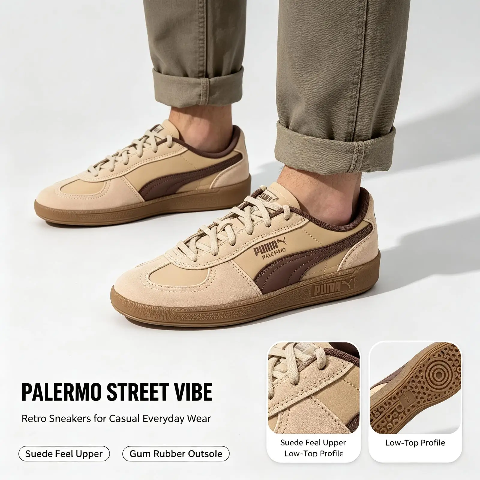 New PUMA  Khaki Brown Palermo Retro Palermo Sneakers for Men Women Beige Brown Gum Sole Casual Street Walking Shoes