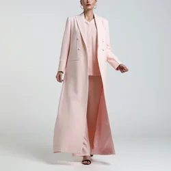 Pink Abaya Blazer Elegant Peak Lapel Double Breasted Solid Long Coat Fashion Formal Daily Casual Basic Women Jacket 1 Piece