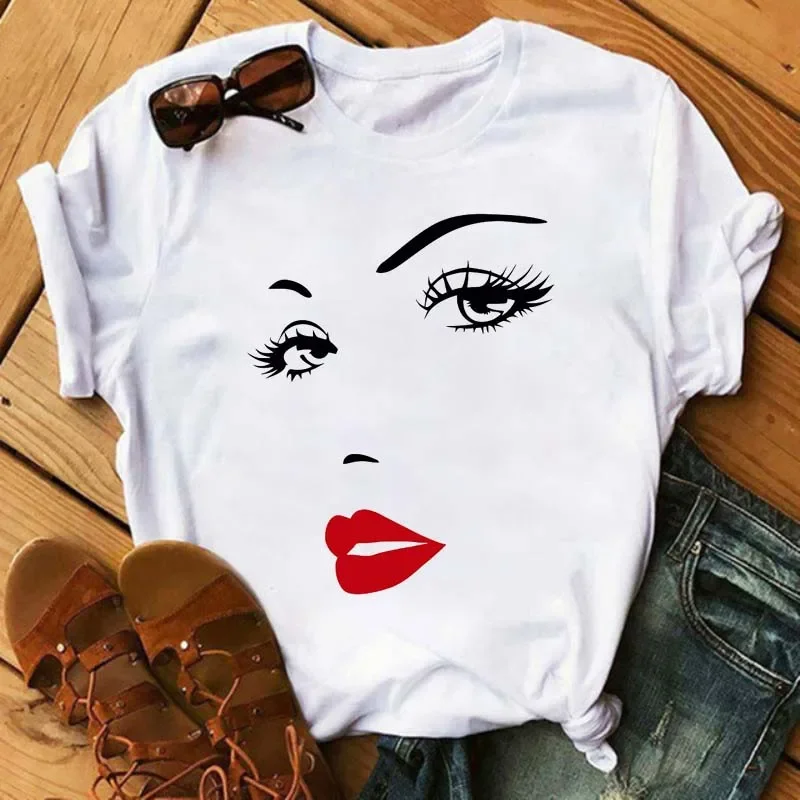 New Cute Eye Lashes Red Lips Print Women T Shirt Summer Casual Short Sleeve O Neck T-shirt Fashion Ladies Shirt Tops