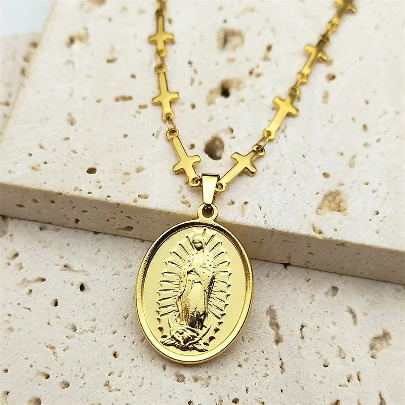 Our Lady Guadalupe Pendant Necklace for Women Men Stainless Steel Gold Color Catholic Virgin Mary Necklaces Jewelry