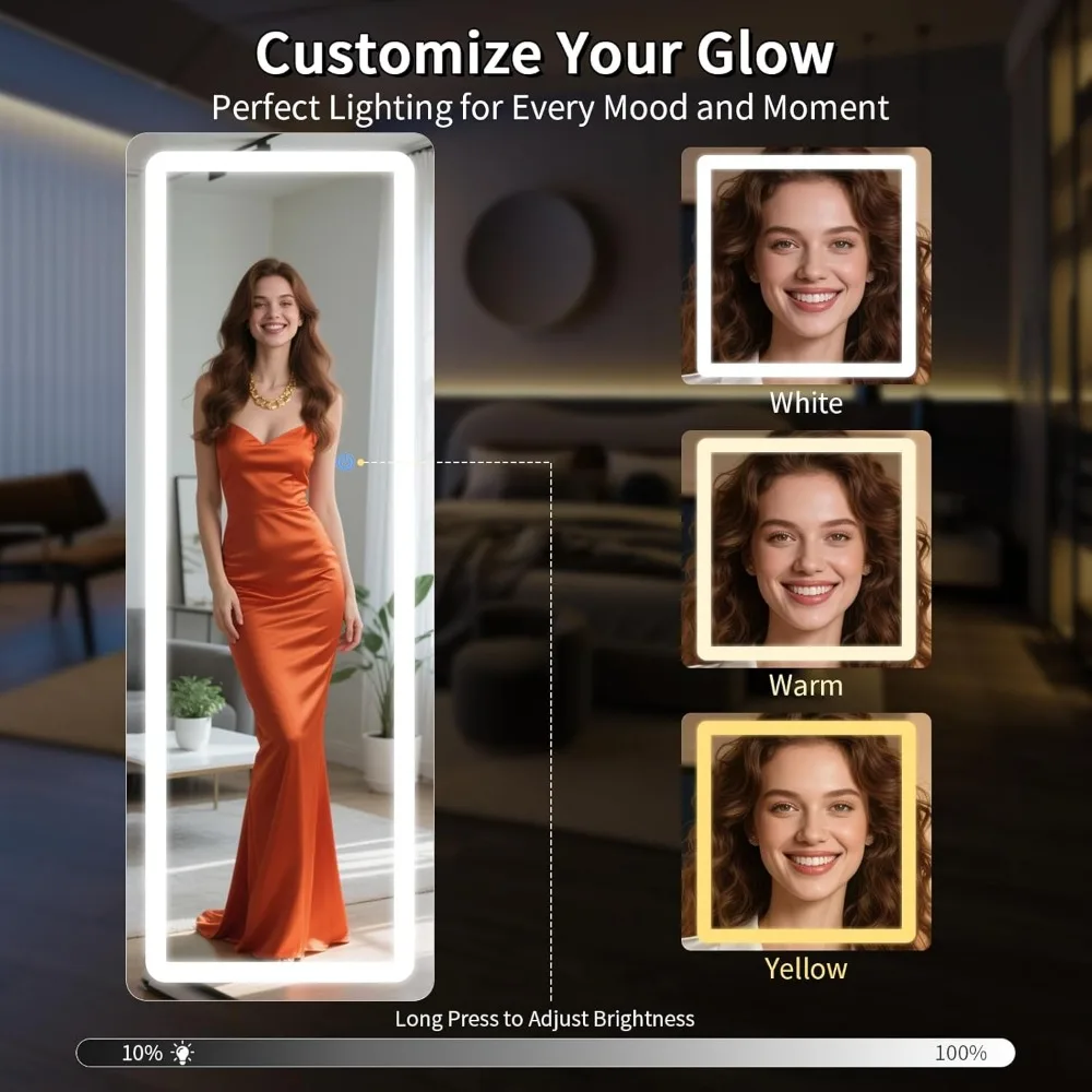 Lustro LED na całej długości, 180 x 76 cm, regulowana jasność i 3 opcje kolorystyczne, duże lustro do sypialni do makijażu