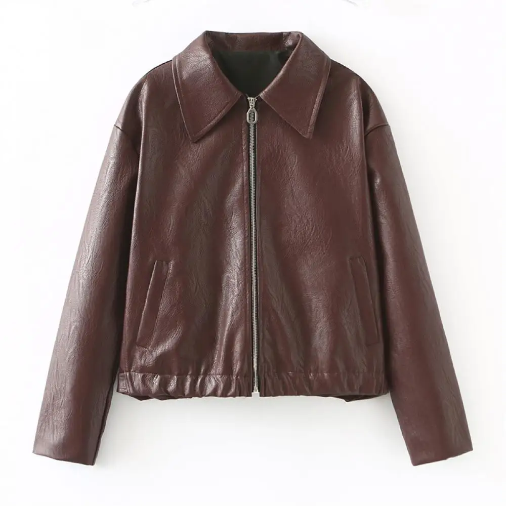 Vintage Polo Collar Women Jacket with Zipper Casual Solid Color Leather Coat Autumn Long Sleeves Street Commuting Jackets