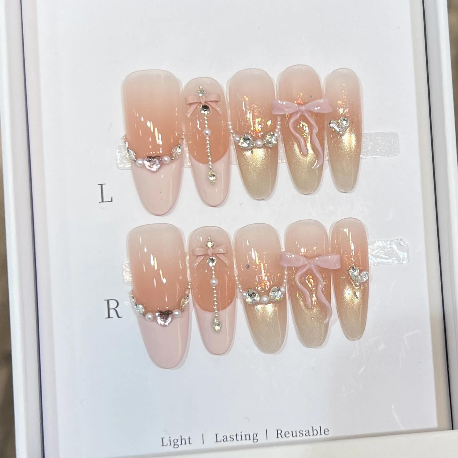 10pcs Long Oval Glitter Cat Eye Press On Nails Almond Shape Fake Nails with Gold Sand Checkerboard Design for Party Wedding Date