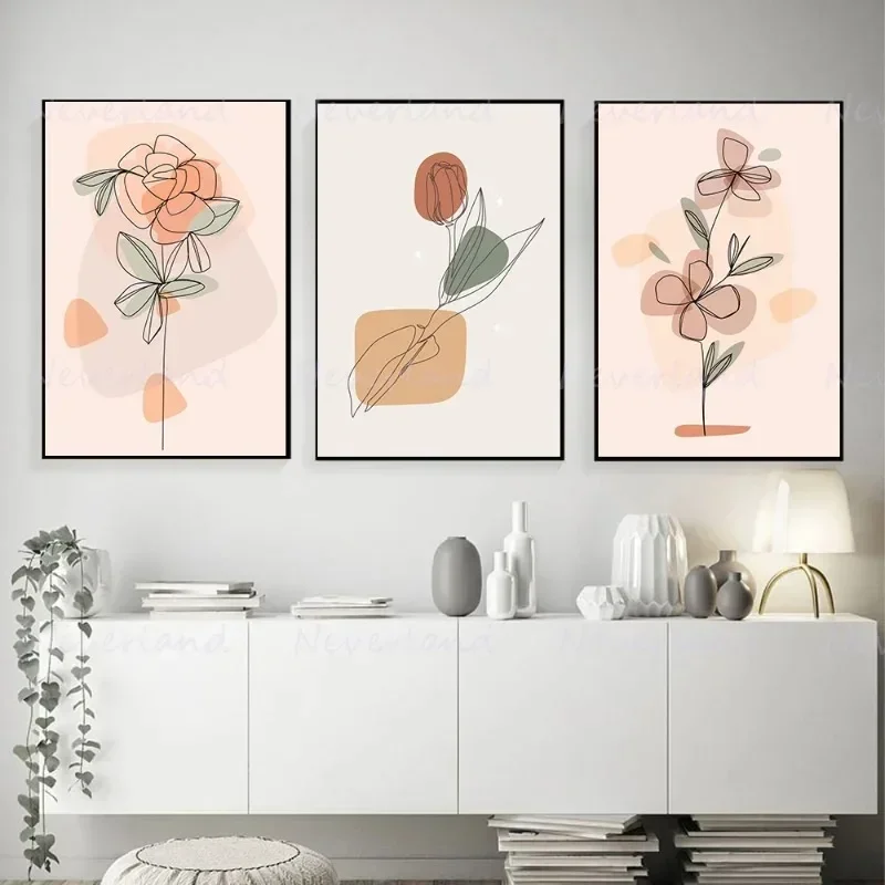 1PC Frameless  Scandinavian Floral Line Aesthetic Posters Nordic Posters Minimalist Print Canvas Painting Wall Art for Living Ro