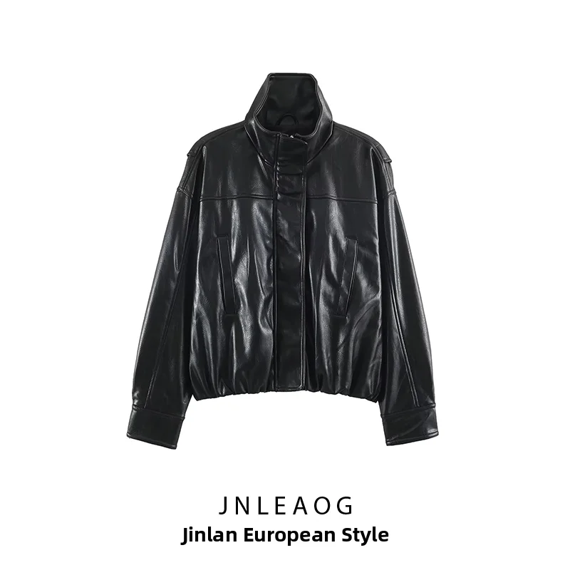JNLEAOG Fashionable Leather Effect Pilot Jacket Women's Short Outerwear Autumn New Style Standard Fit Zipper Closure Polyester