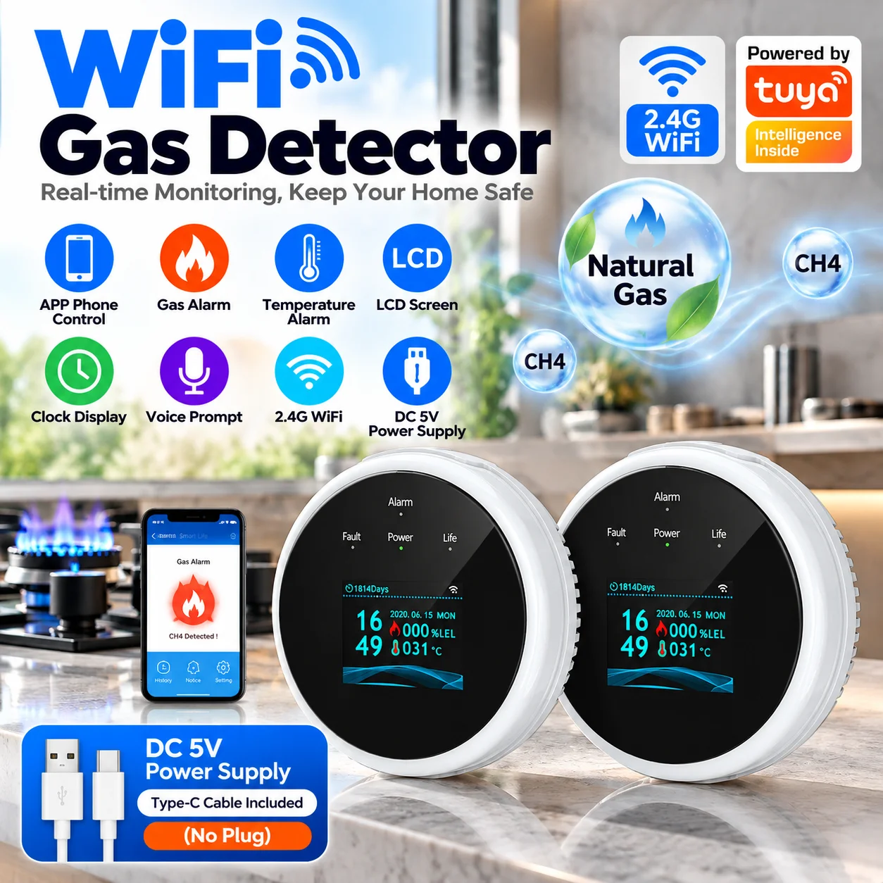Tuya Wifi Gas Leak Detector Combustible Gas Alarm Color Screen Display Temperature Smart Life APP For Kitchen Villa Warehouse