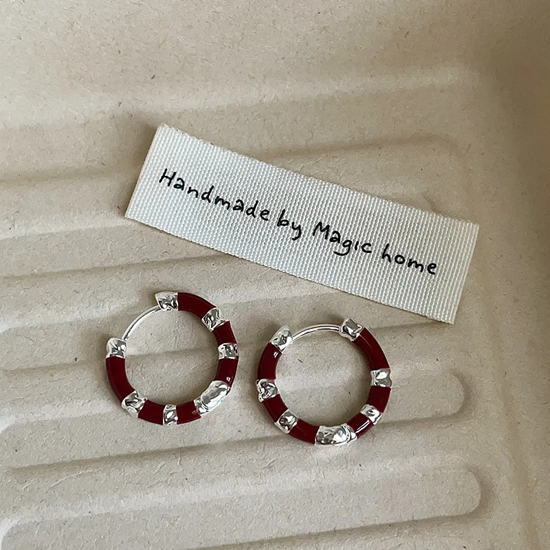 

Retro Red Oil-dripping Striped Hoop Earrings for Women Minimalist 925 Silver Needle Round Earrings Fine Jewelry Accessories