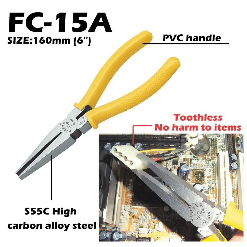 OEM Metric 6 Inch High Carbon Alloy Steel Industrial Grade Flat Needle Nose Pliers Polished Surface Soft Grip Plastic Handle
