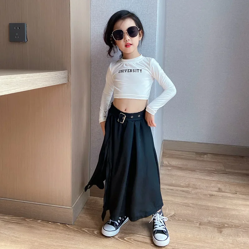 Korean Streetwear Black Chiffon Midi Skirt Slit Irregular High Waist Baby Girls Kids Clothing Party Show Long Skirts 3 To 12 Yrs