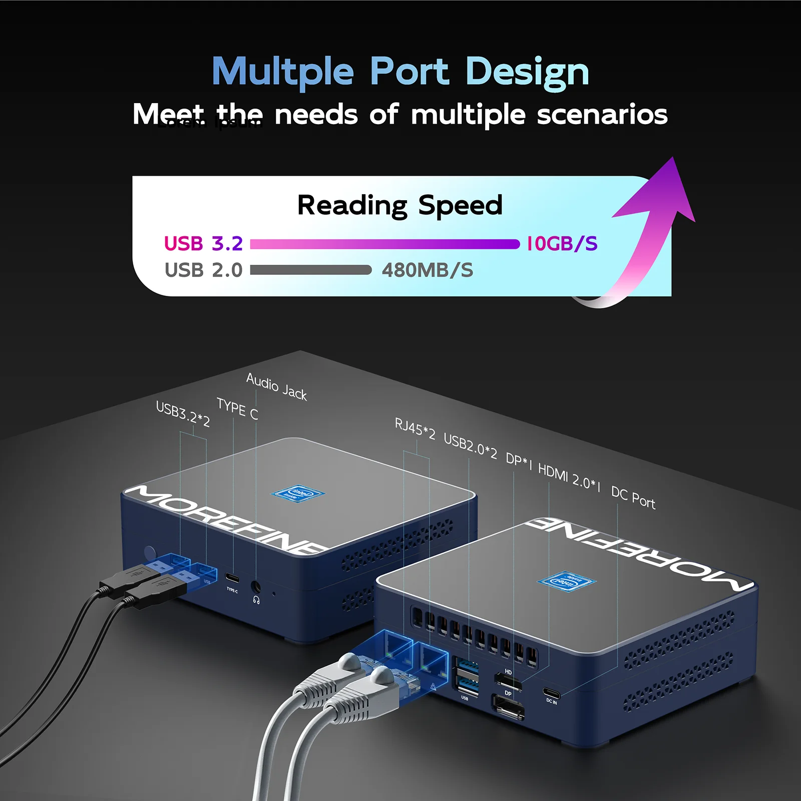 MOREFINE M9S Mini-pc 12e generatie Alder Lake N305 (tot 3,8 GHz), mini-desktopcomputers 16 GB DDR5 RAM 1 TB NVMe SSD Mini-pc-gamer