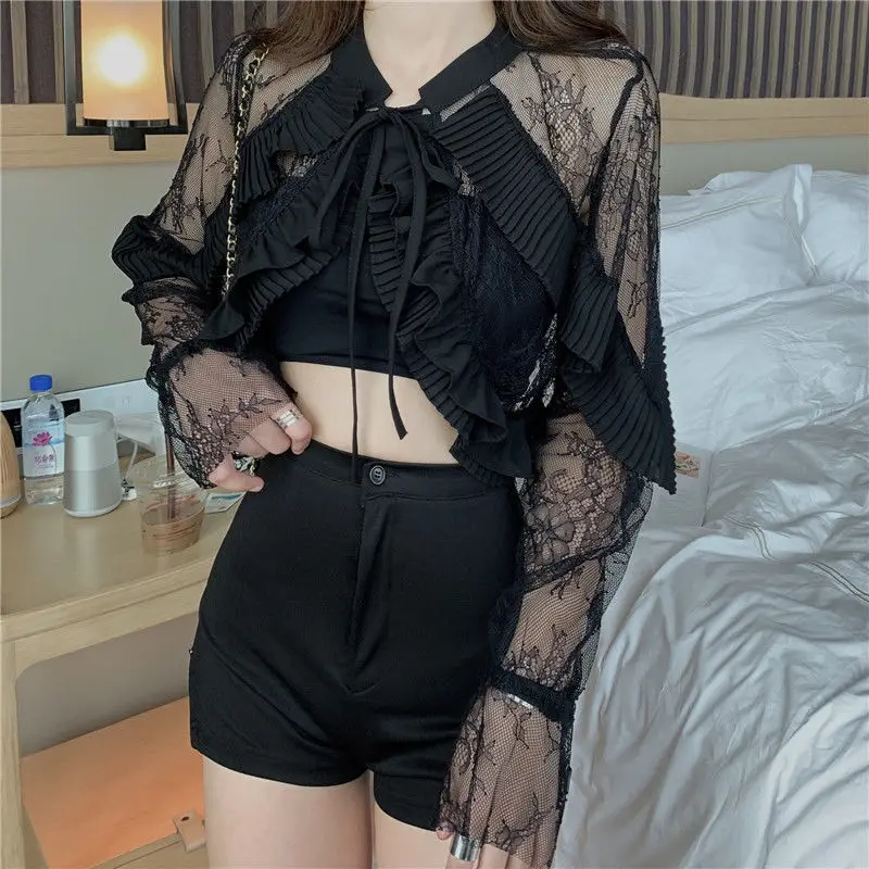 Lace Long Sleeve Shirts Women Ruffles Sexy Patchwork Lace-up Temper Sunproof Spring Summer Girls Casual Crop Tops Printing Loose