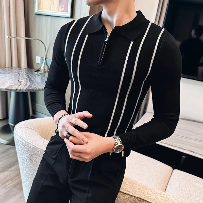 2025 Spring Sweater Men High Quality Zipper Flip Collar Striped Knitted Polo Shirt Men Fashion Long Sleeve Casual Slim Pullovers