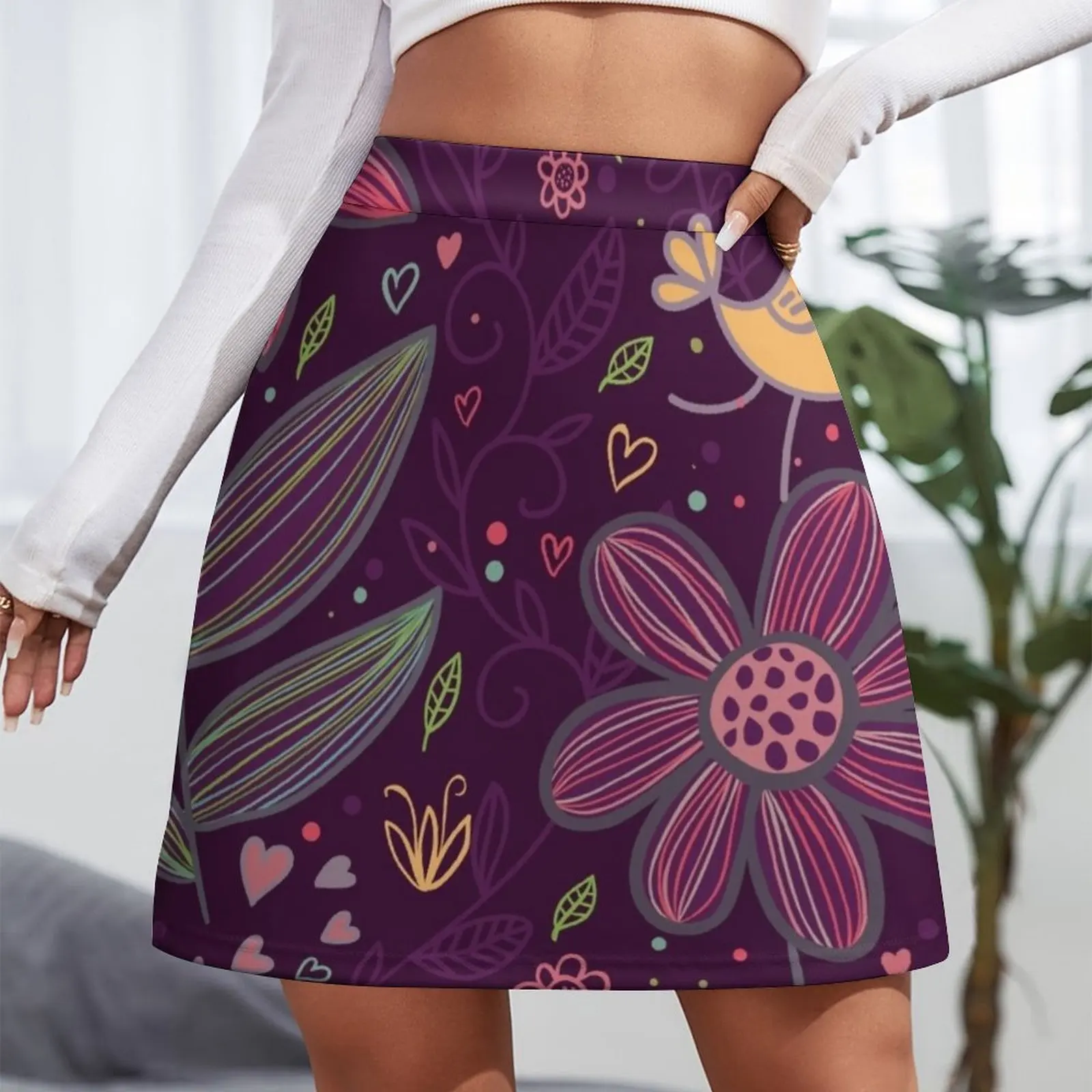 Whimsical Birds, Hearts, String Flowers Mini Skirt sexy skirt womens clothing girls skirt