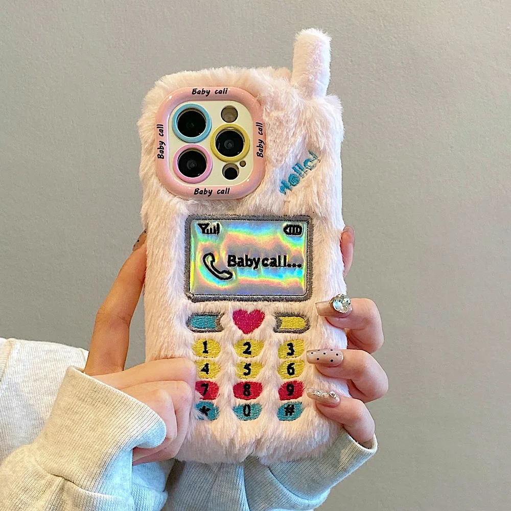 Plush Embroidered Cellphone Model Stand Phone Case Suitable for IPhone 11 12 13 14 15 Pro Max 16 Fine Hole Lens Protection Cover