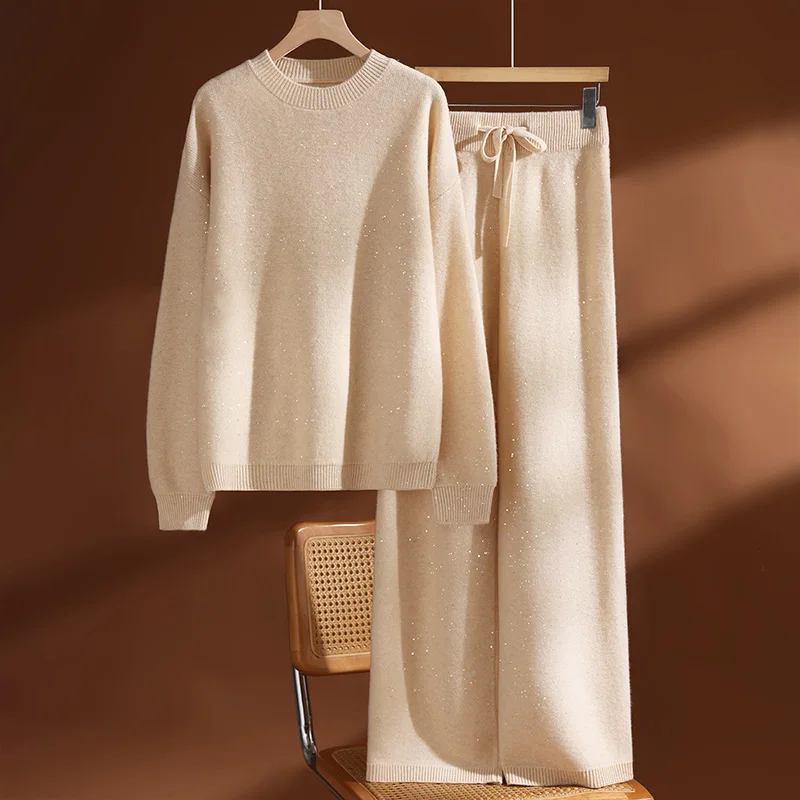 Set Sweater Rajut Wol 100% Berpayet CHICUU untuk Wanita dengan Kerah O dan Celana Kaki Lebar, Set Rajut Kasual Tebal untuk Musim Gugur dan Musim Dingin