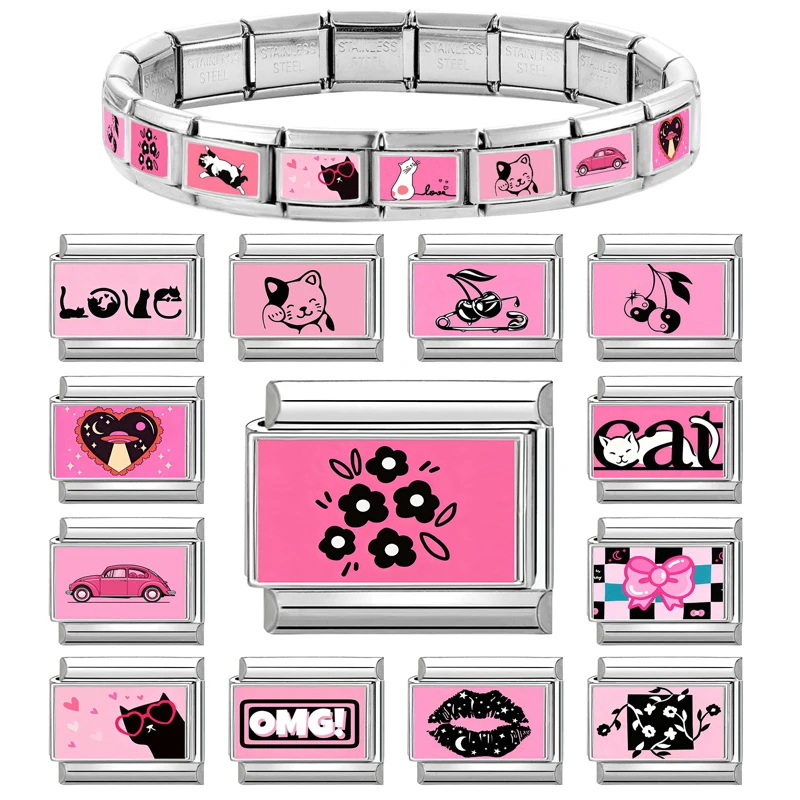 Nuevo lazo de labio de gato rosa, corazón, flor, palabras en inglés, abalorio italiano rosa, compatible con pulsera de acero inoxidable de 9mm, fabricación de joyería DIY, regalo