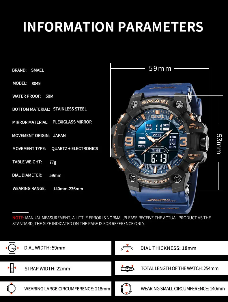 SMAEL 8049 Men's Analog Digital Dual Display Sport Watch - 50M Waterproof LED Backlight Alarm Stopwatch Chronograph Dual Time - view 4