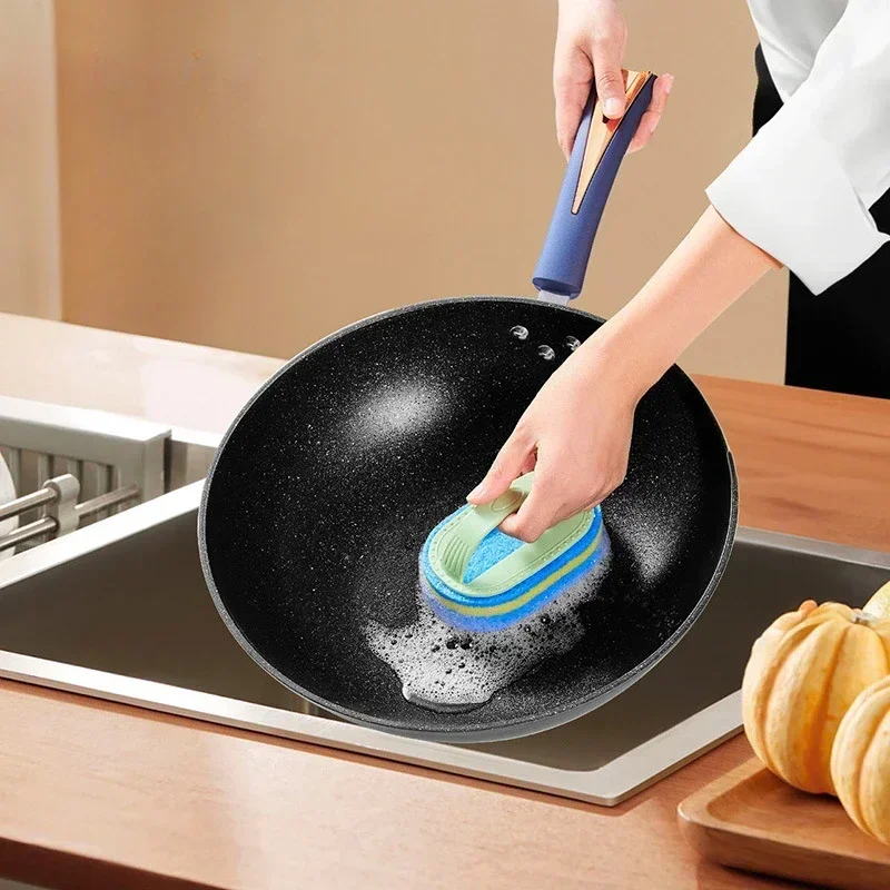 Sponge Cleaning Brush with Handle Thickened Stain Removing Clean Brush Pot Tile Kitchen Toilet Bathroom Cleaning Sponge Wipe