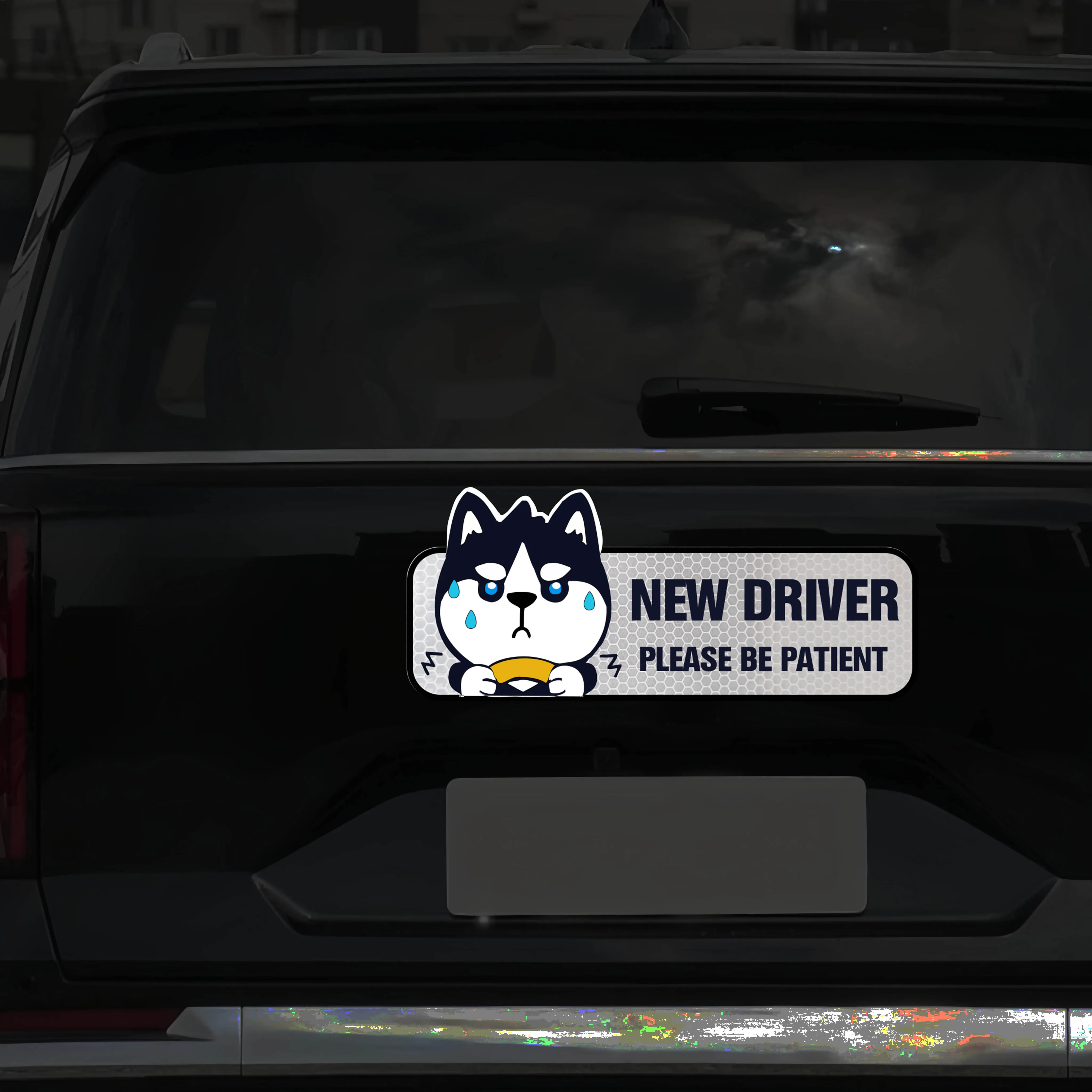 Nervous husky Inu reflective car stickers for student drivers, car warning stickers for novice drivers