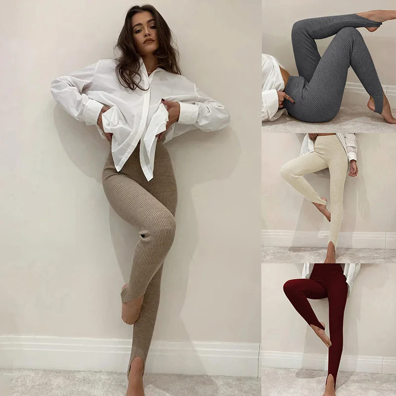 Mallas básicas de punto acanalado para mujer, pantalones de Yoga, algodón, Beige, cintura alta, Fitness, 1 unidad